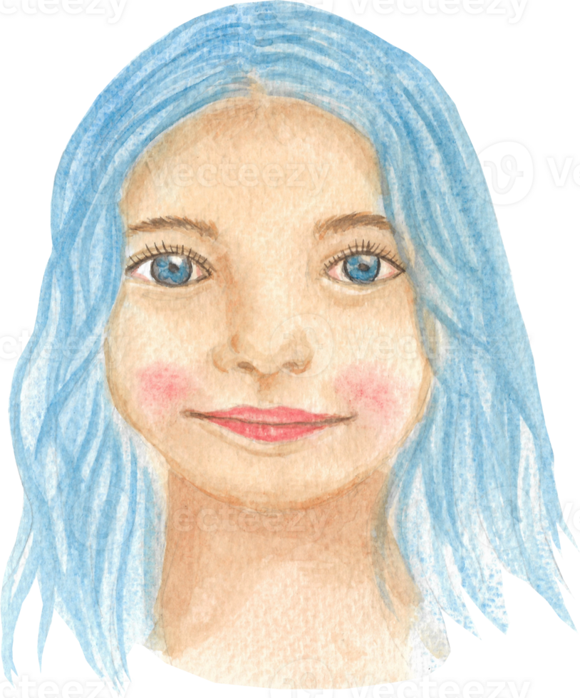 Smiling girl with blue hair and big blue eyes in happy and cheerful feeling that is drawn and painted by hand in watercolor fine art style png