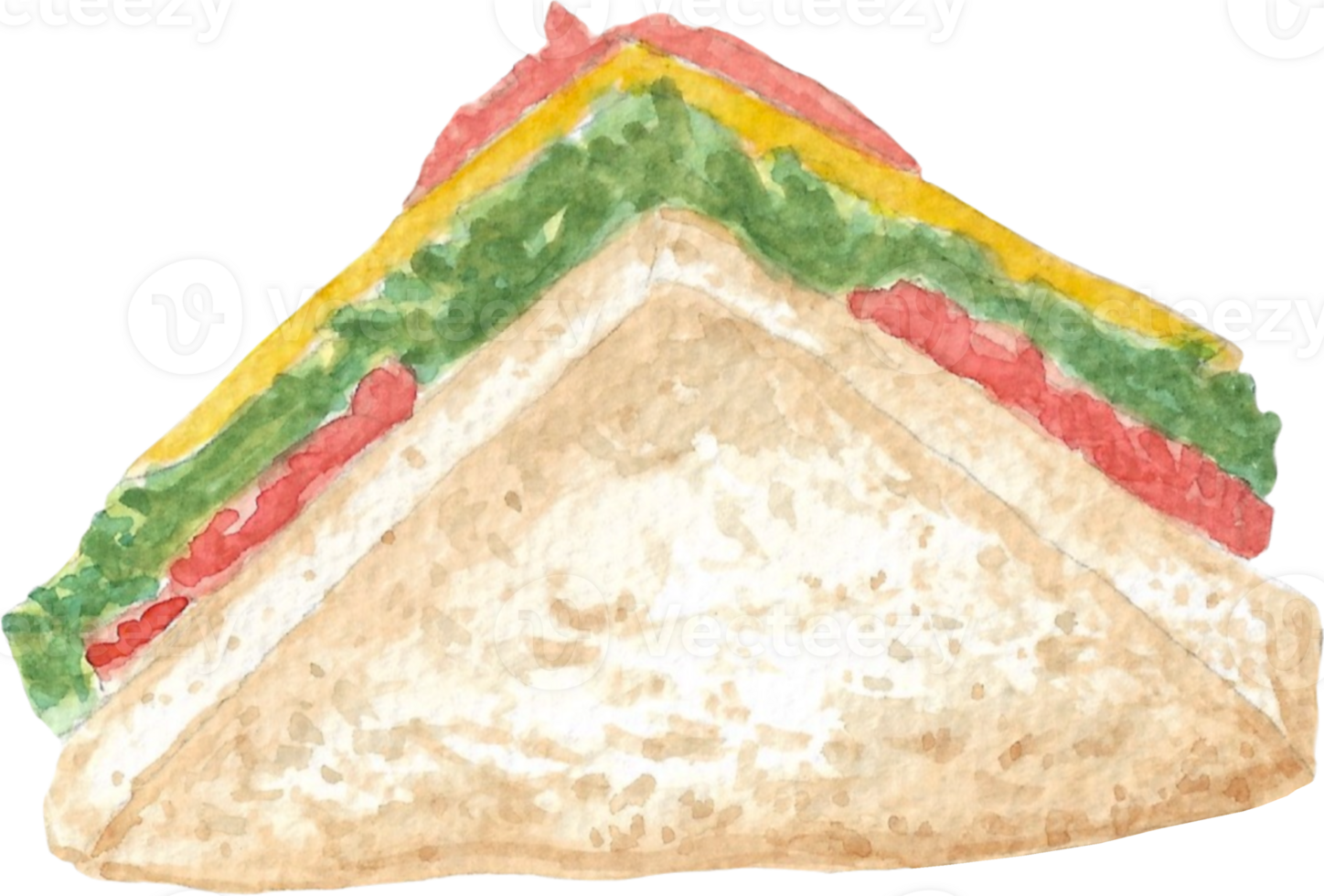 Sandwich with pork and salad and cheese and tomato that is drawn and painted by hand in watercolor fine art style png
