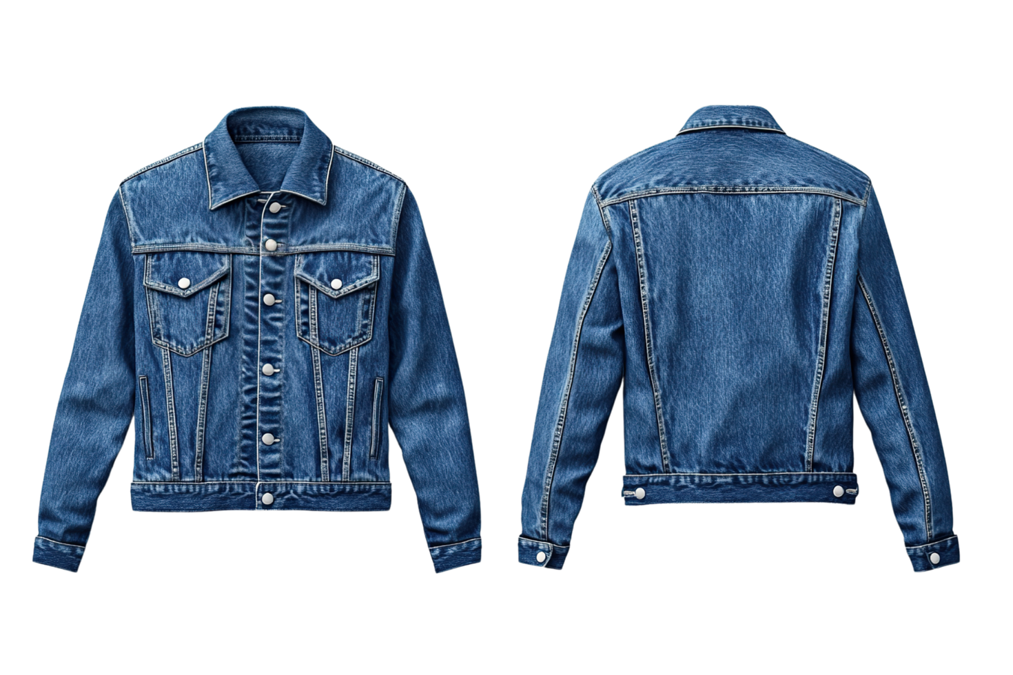 Front and back view of a blue denim jacket. png