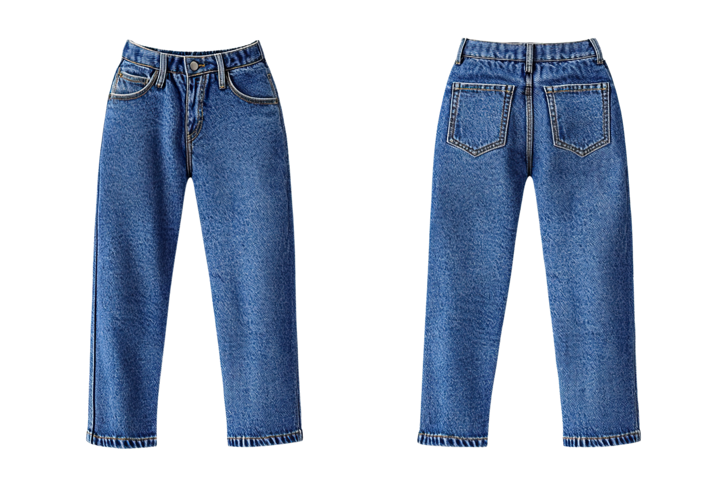 Front and back view of a blue denim pants on transparent background. png