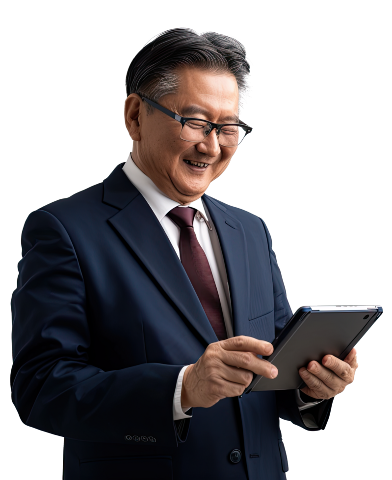 Senior Asian businessman in a suit and tie holding a tablet computer png