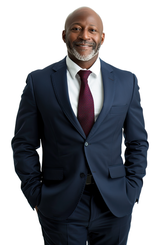 Senior black businessman in a suit and tie standing posing png