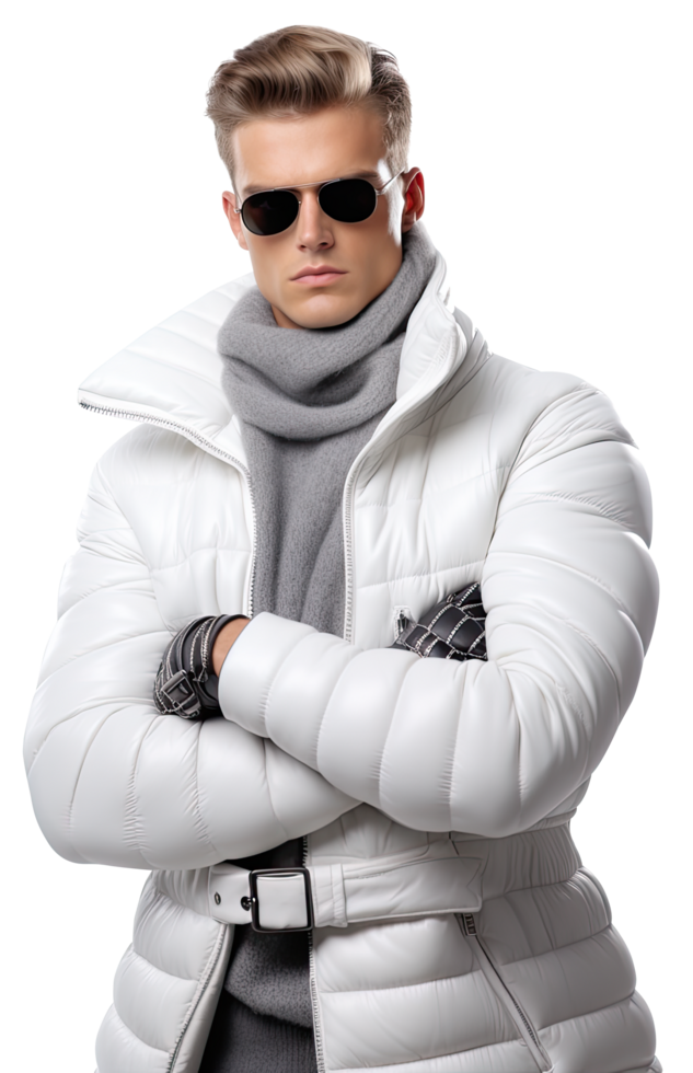Young man Fashion model in a white puffy jacket and sunglasses pose png