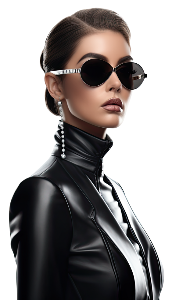 A woman fashion model in black leather jacket and sunglasses png
