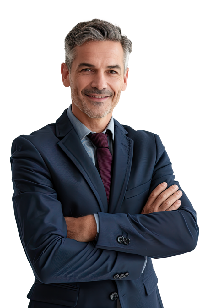 Senior businessman in a suit and tie standing with his arms crossed png