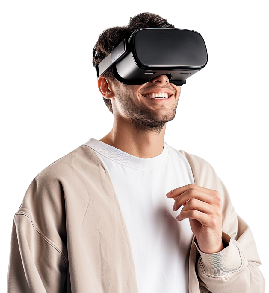 Happy man wearing a virtual reality headset png