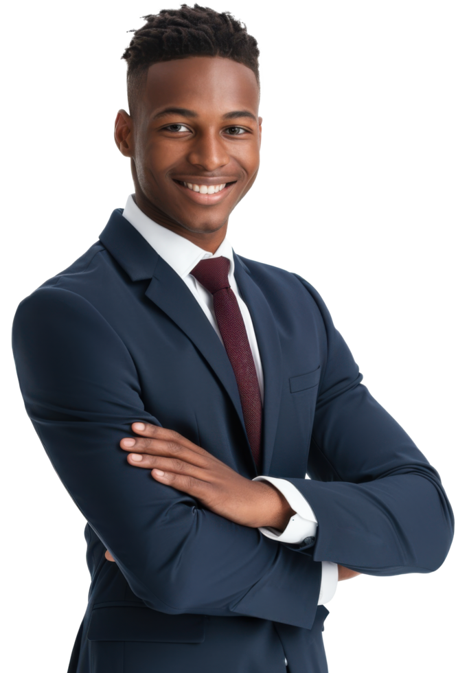 A young black businessman happy in a suit and tie with arms crossed png