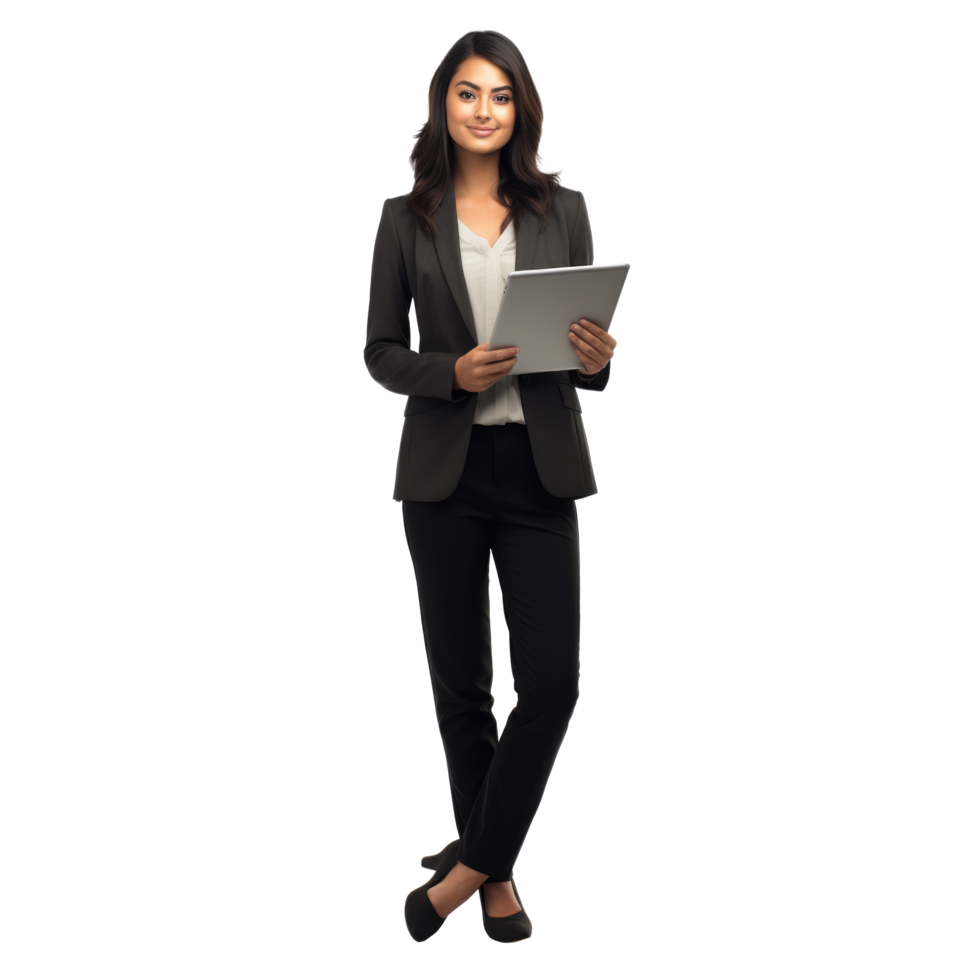Business young woman holding a laptop posing full body png