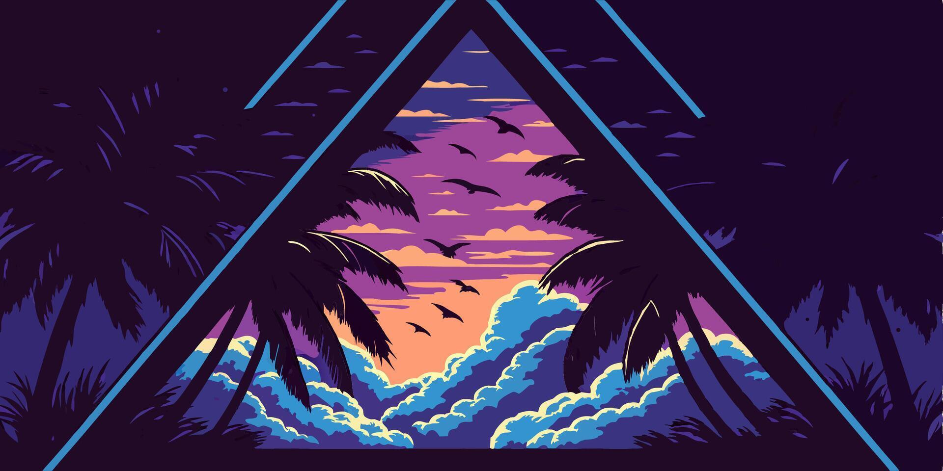 Tropical Sunset Palm Tree Artwork vector