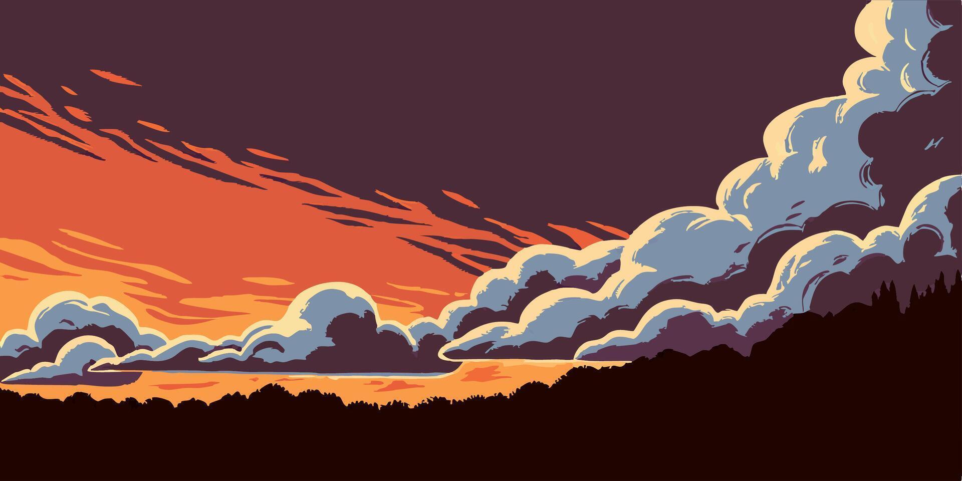 Sunset Clouds over Silhouetted Trees vector
