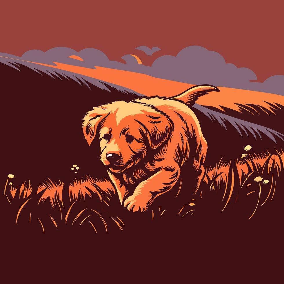 Golden Retriever Puppy in Sunset Grass vector
