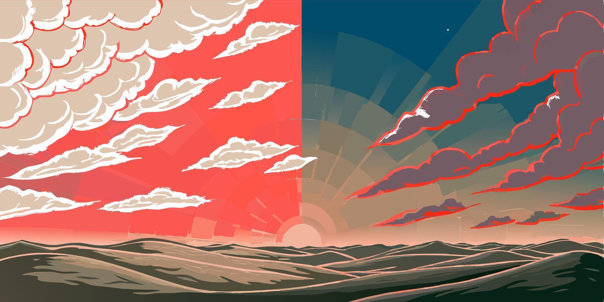 Sunset and Night Sky Landscape Art vector