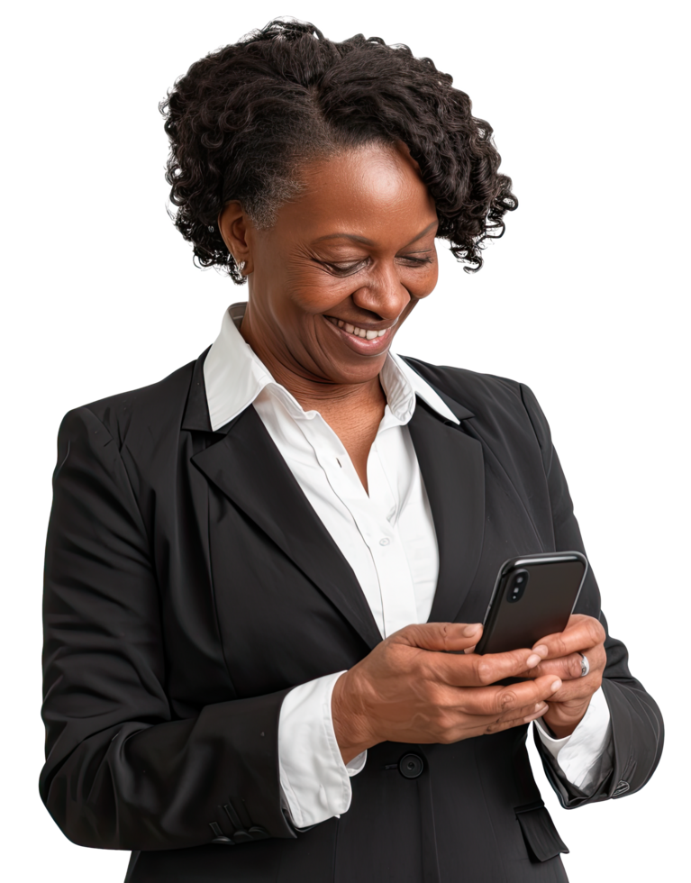 Senior business woman in a business suit is smiling and using her phone png
