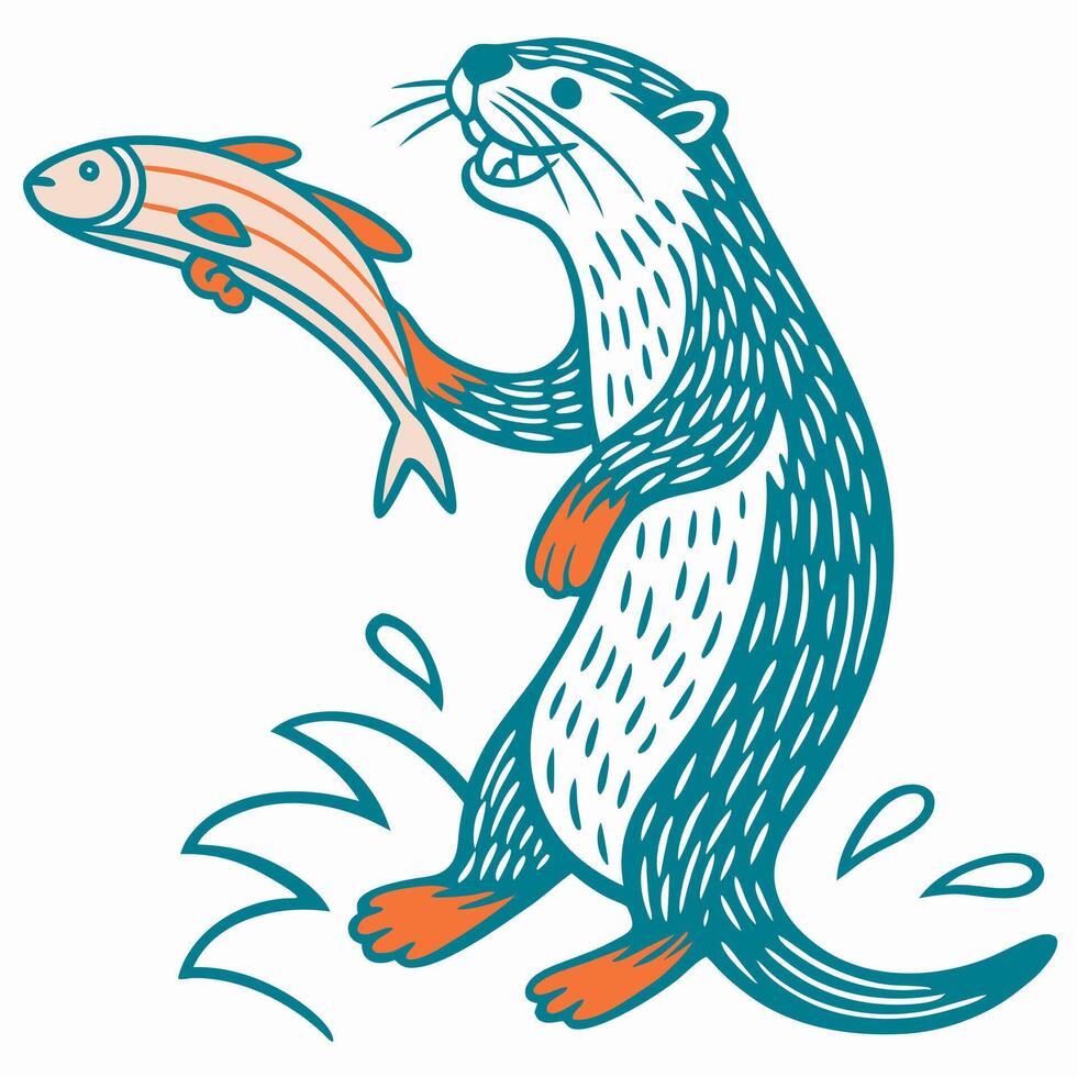 Otter Holding Fish Cartoon Illustration vector