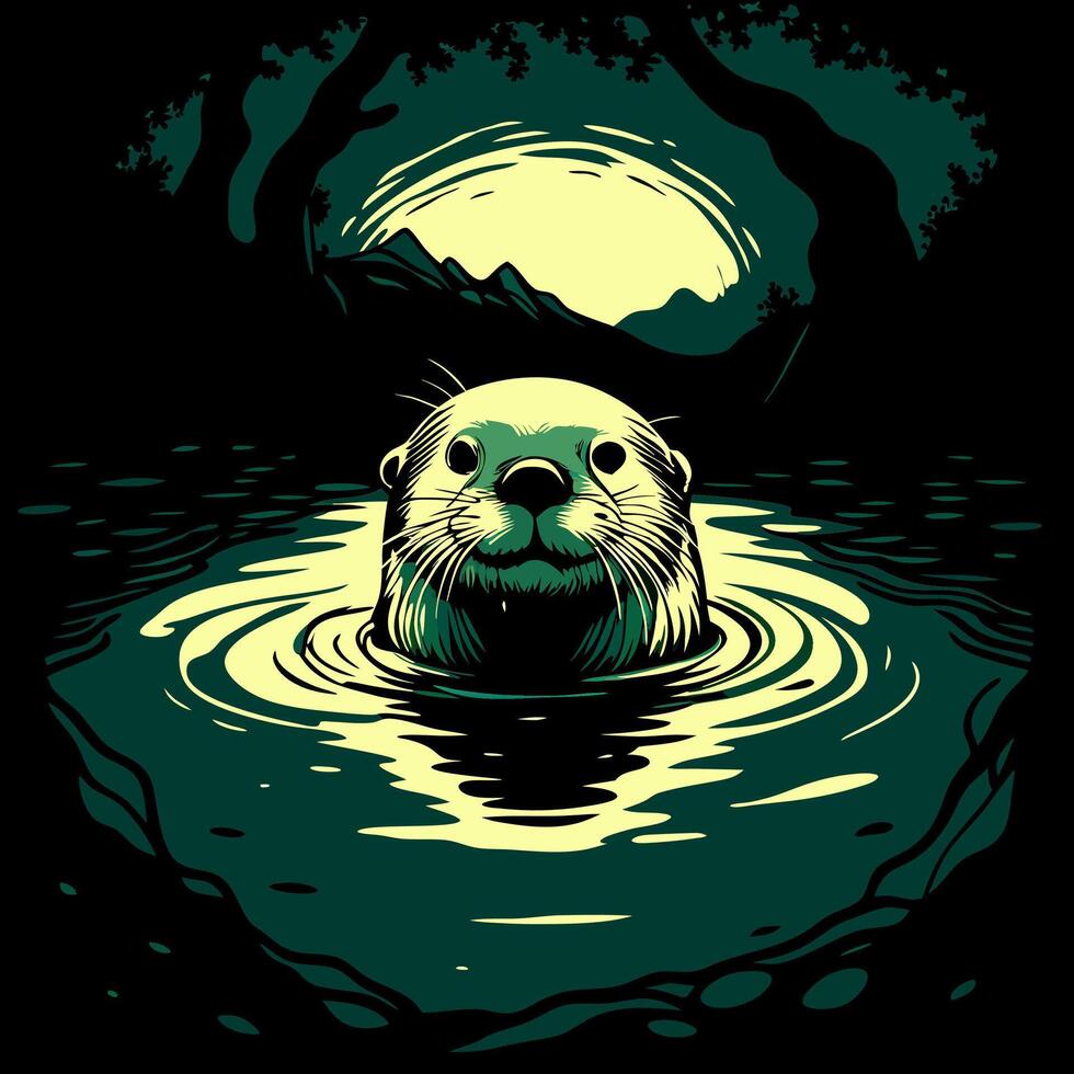 Otter in Water at Night vector