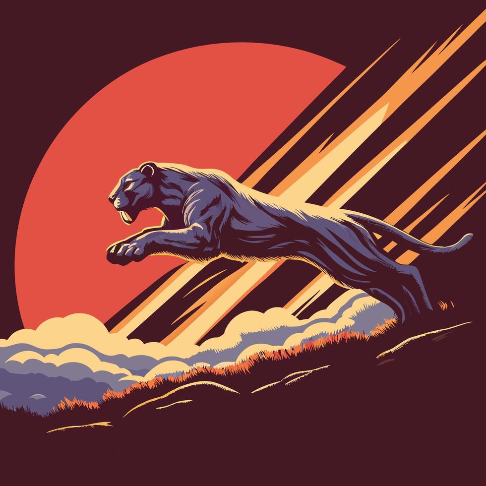 Sabretooth Cat Leaping Sunset vector