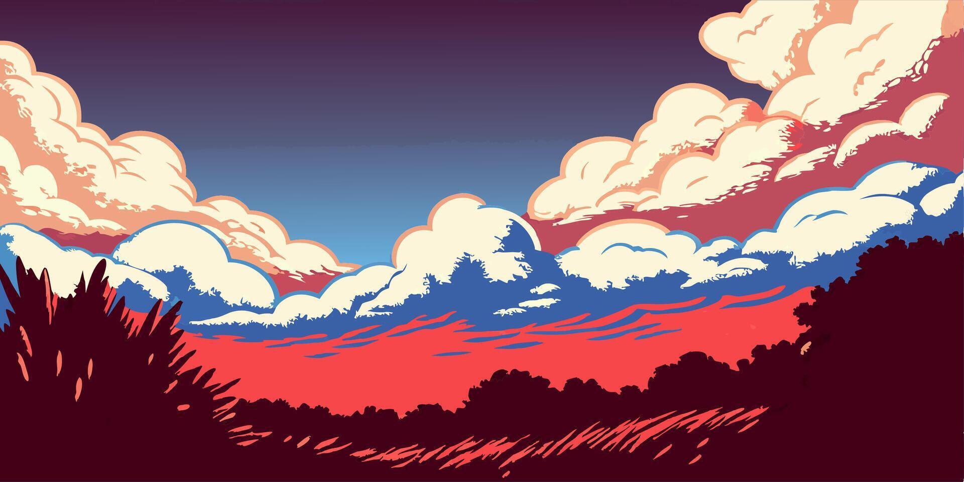 Sunset Landscape with Fluffy Clouds vector