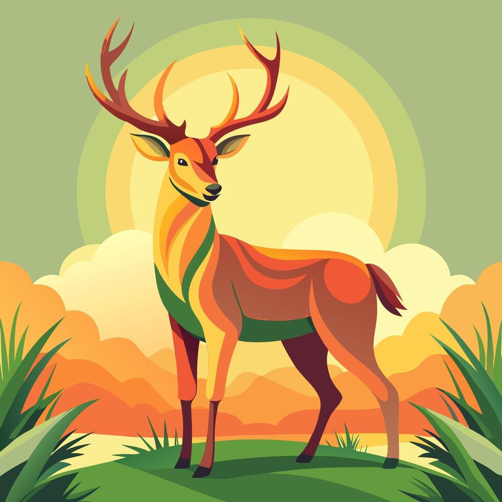 Geometric Deer Sunset Landscape Art vector