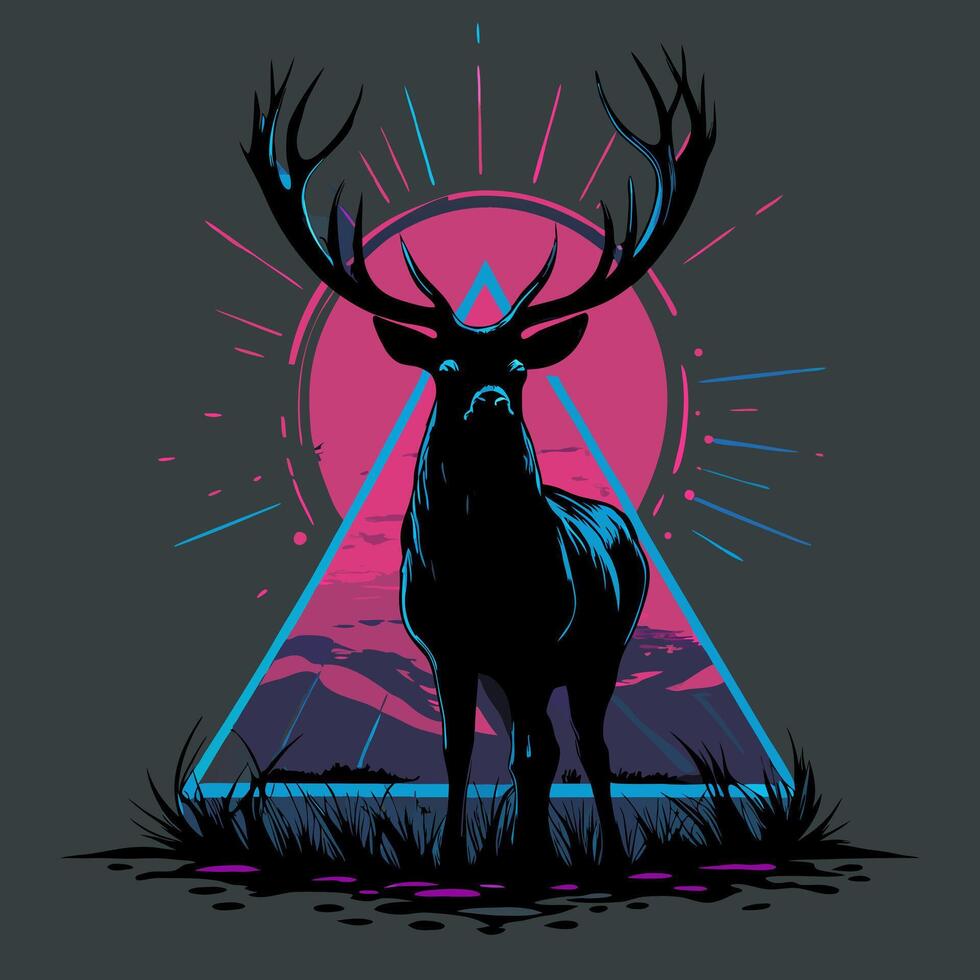 Neon Deer Silhouette in Sunset Triangle vector