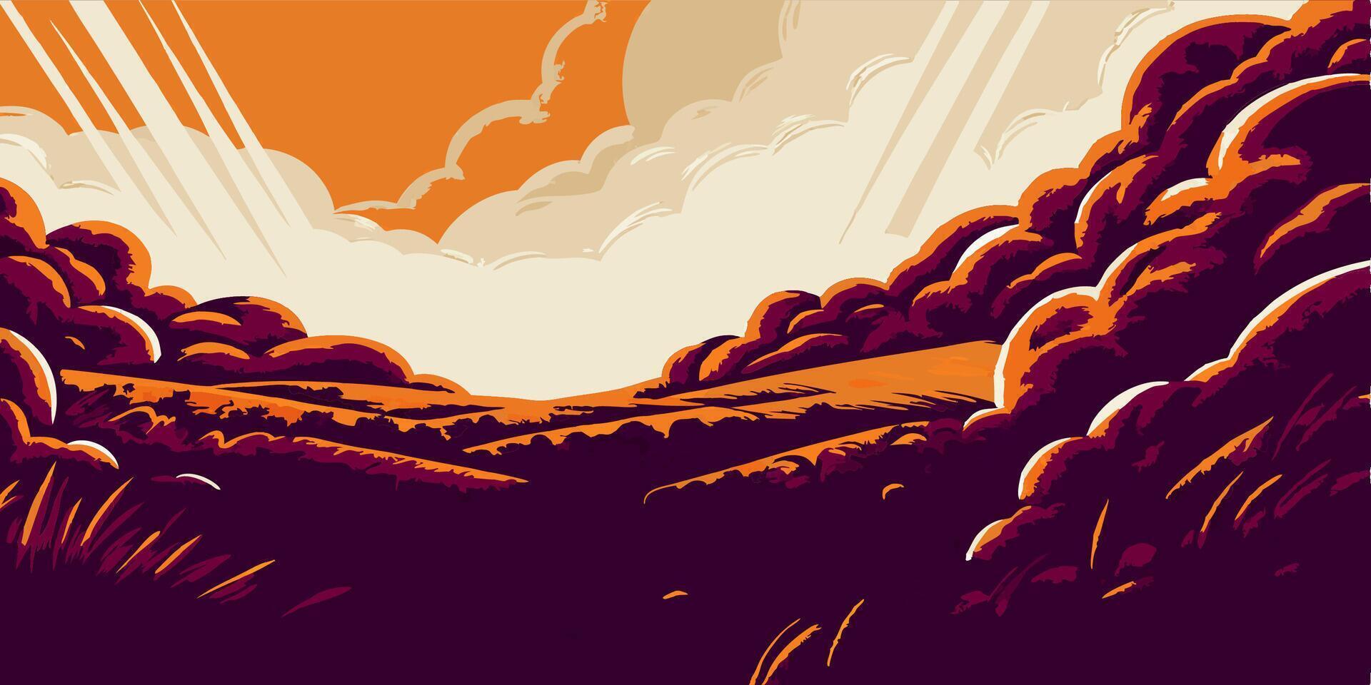 Sunset Landscape, Hills, Clouds, Art vector