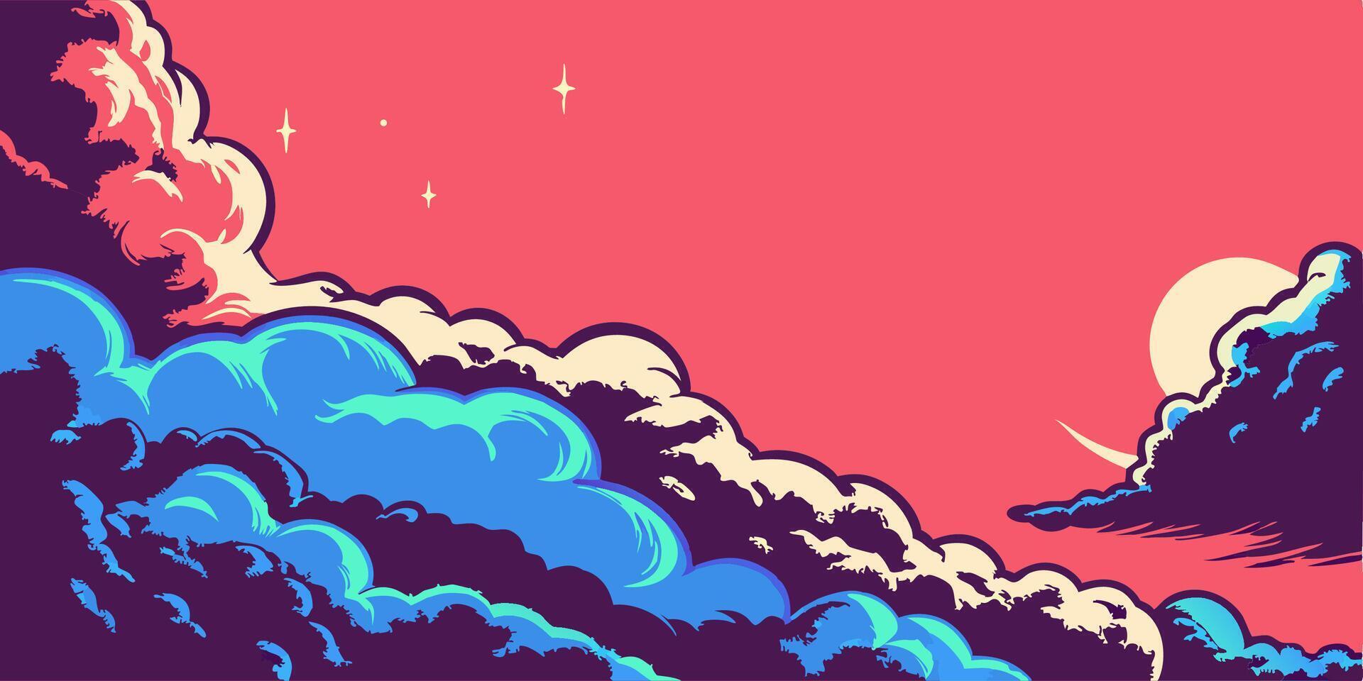 Stylized Cloudscape Pink Sunset, Blue Clouds vector