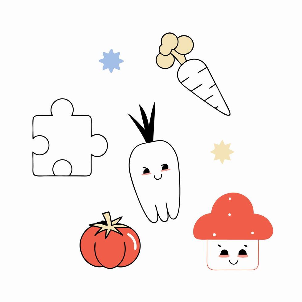 Cute Veggie Puzzle Carrot, Tomato, Radish vector