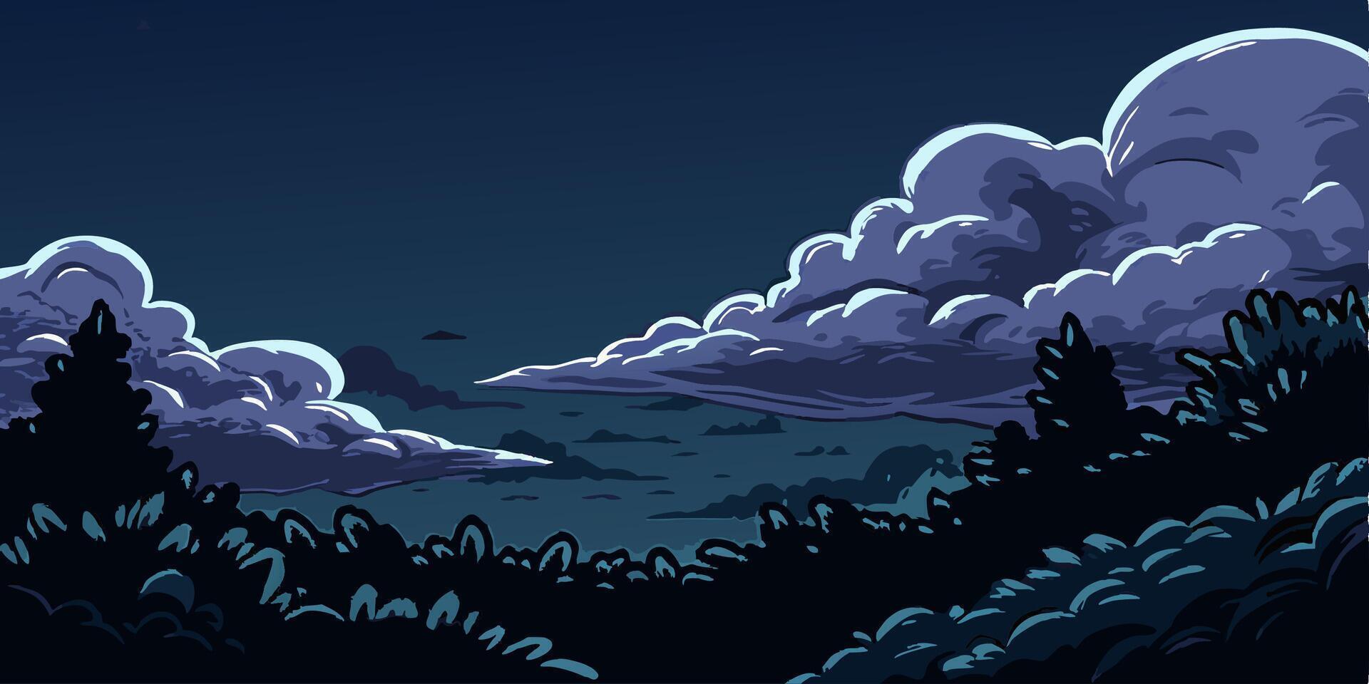 Night Landscape Clouds over Forest vector