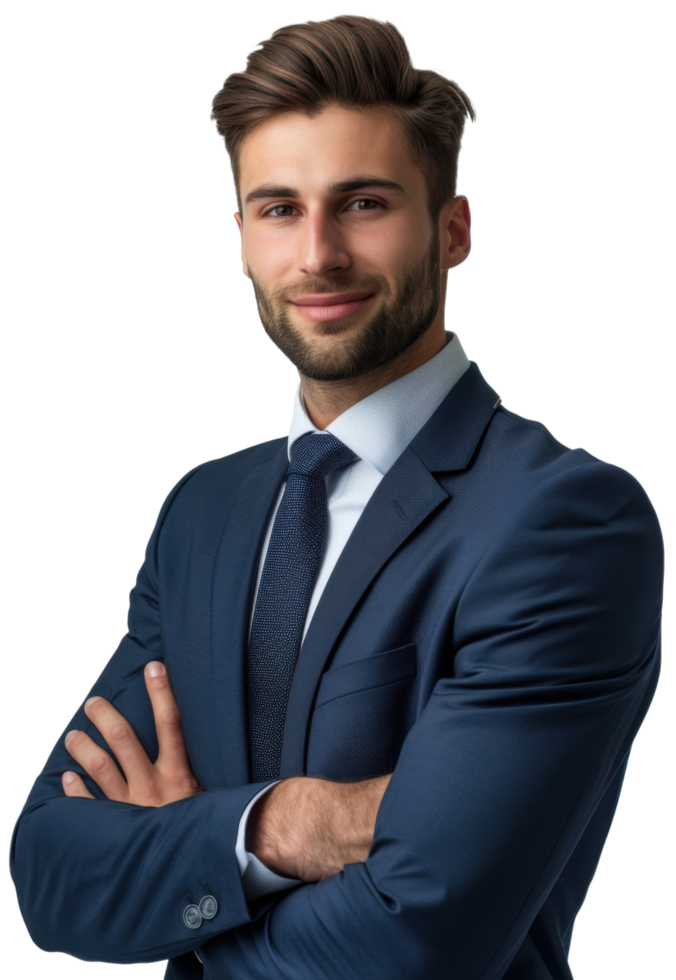 Young Businessman in a suit and tie standing with arms crossed png