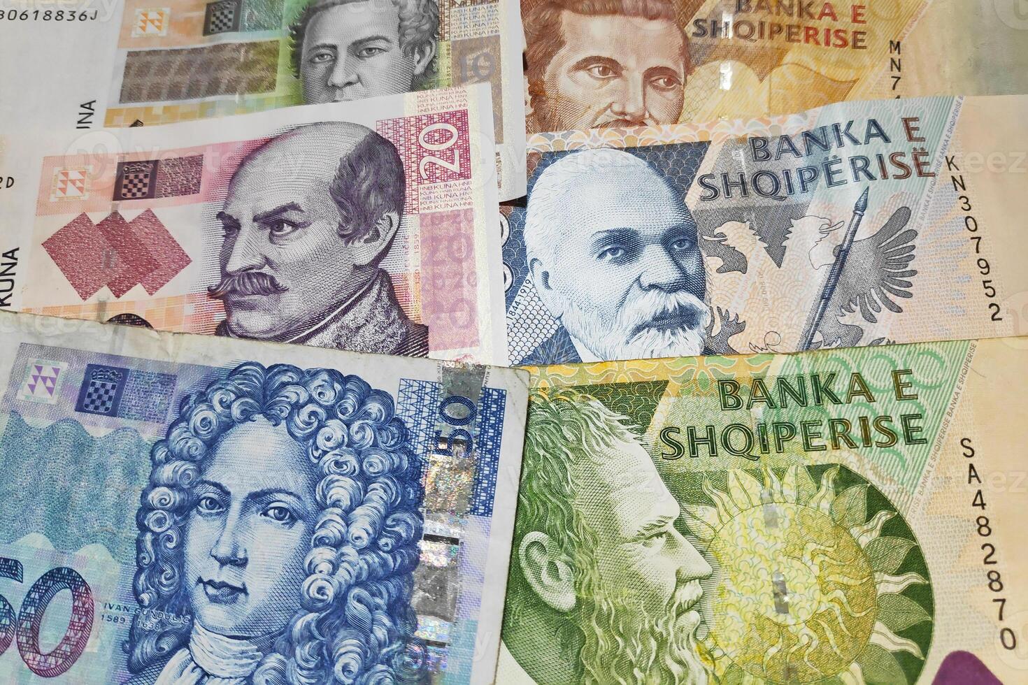 Stack of Croatian Kuna and Albanian Lek photo