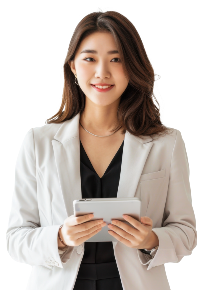 Asian young business woman happy holding tablet png