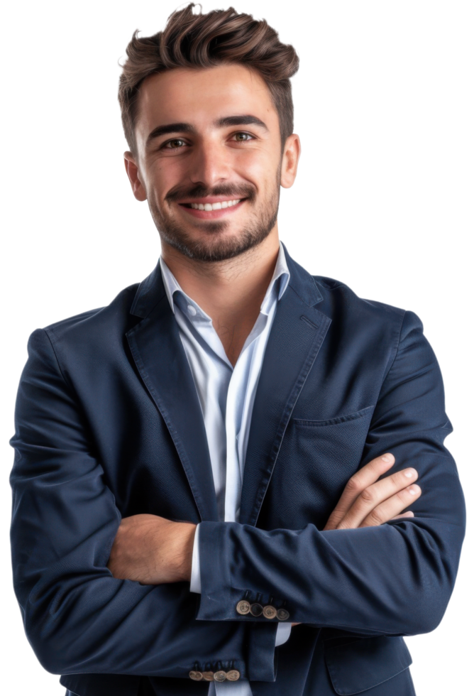Young businessman in a suit and tie standing with his arms crossed png