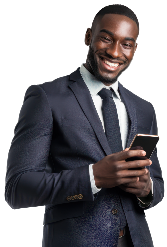 Smiling young black businessman in a suit holding a cell phone png