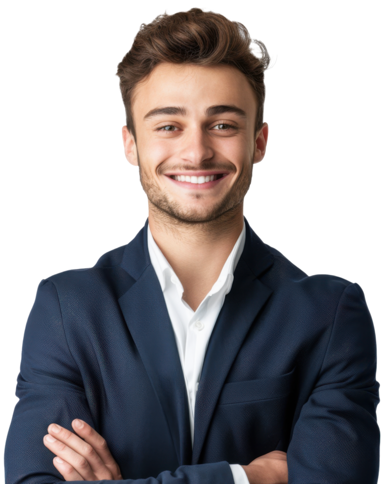 Happy young businessman standing with his arms crossed. png