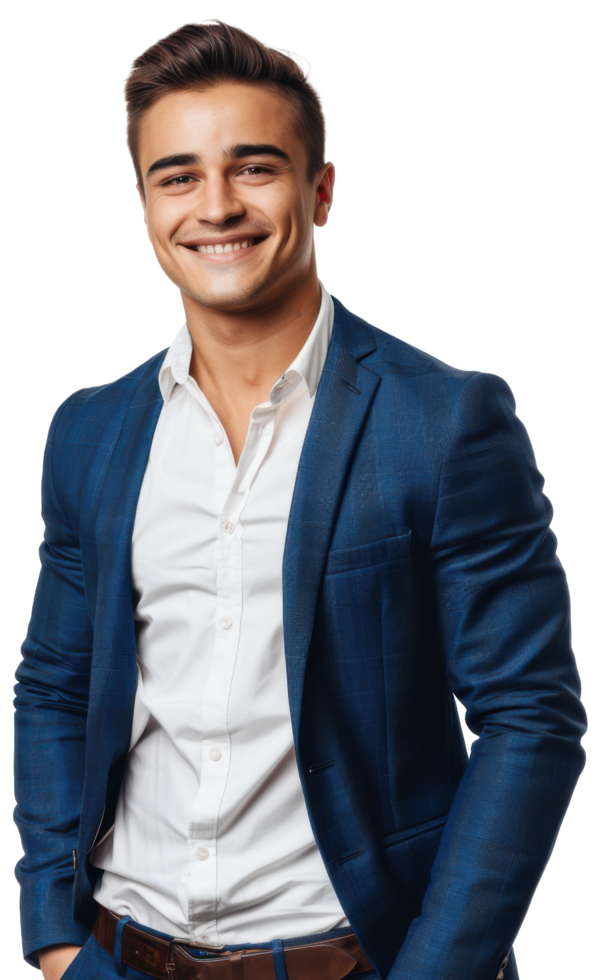 Happy young businessman in a blue suit standing posing png