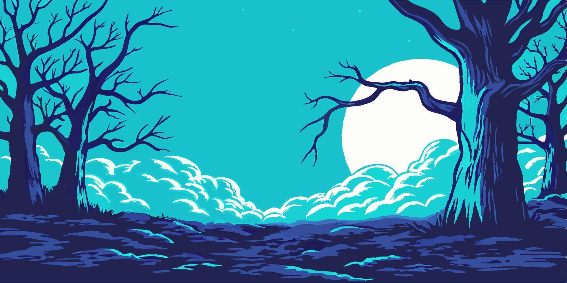Spooky Night Scene Trees, Moon, Clouds vector