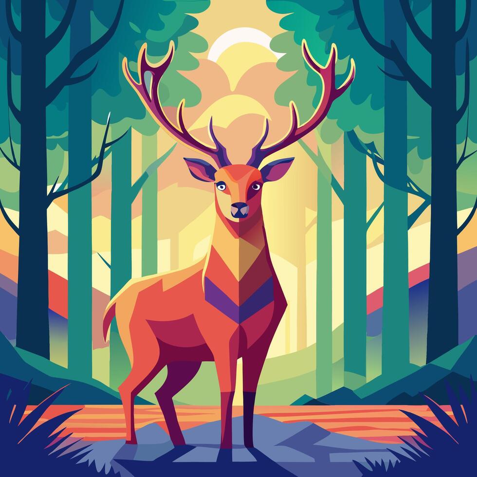 Geometric Deer in Forest, Colorful Nature Art vector