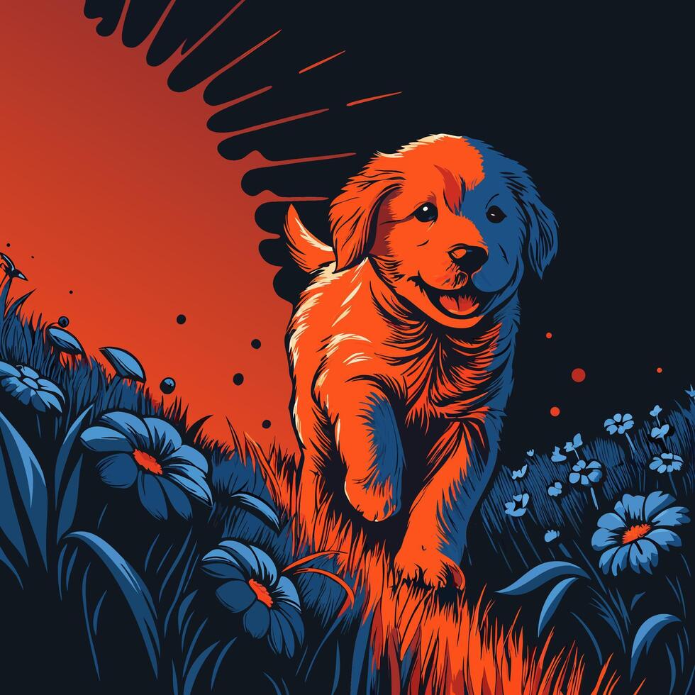 Golden Retriever Puppy Running Through Flowers vector