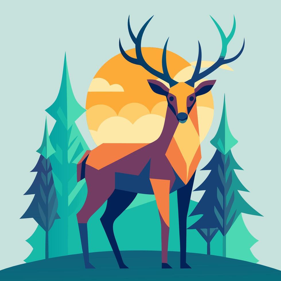 Geometric Deer in Forest Sunset vector