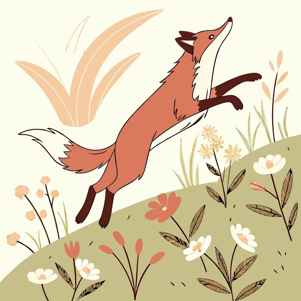 Jumping Fox in Floral Meadow vector