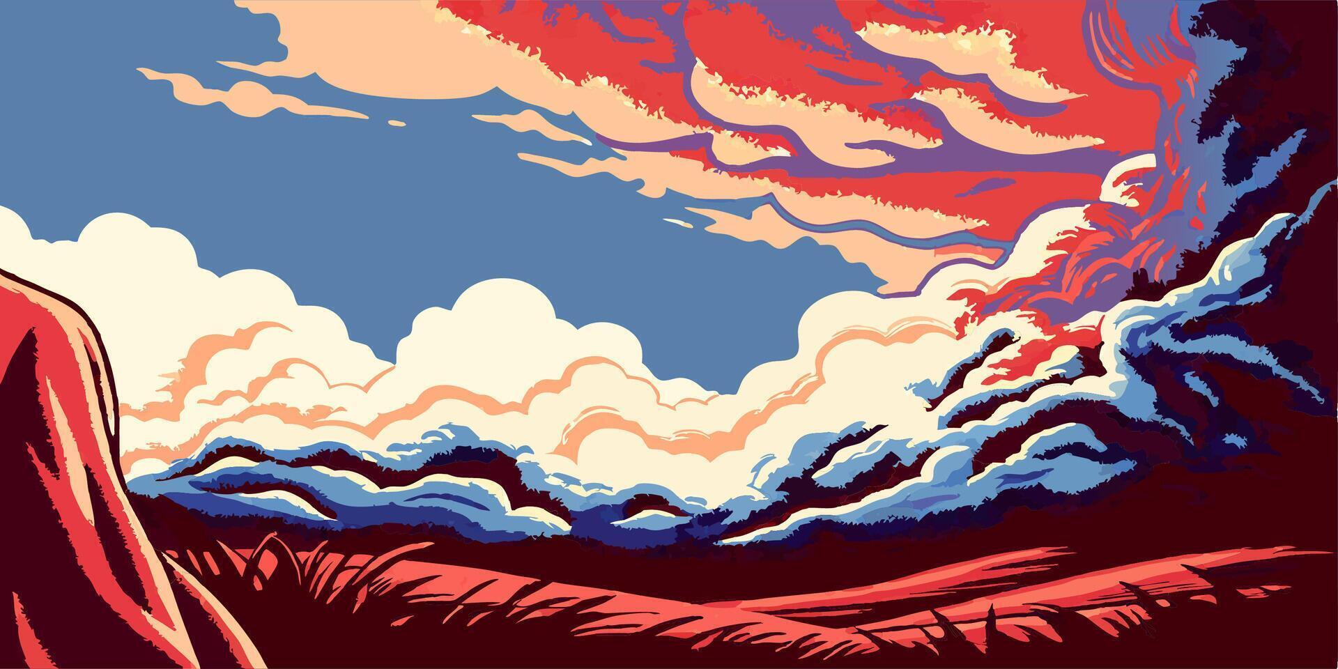Dramatic Sunset Landscape, Colorful Clouds vector