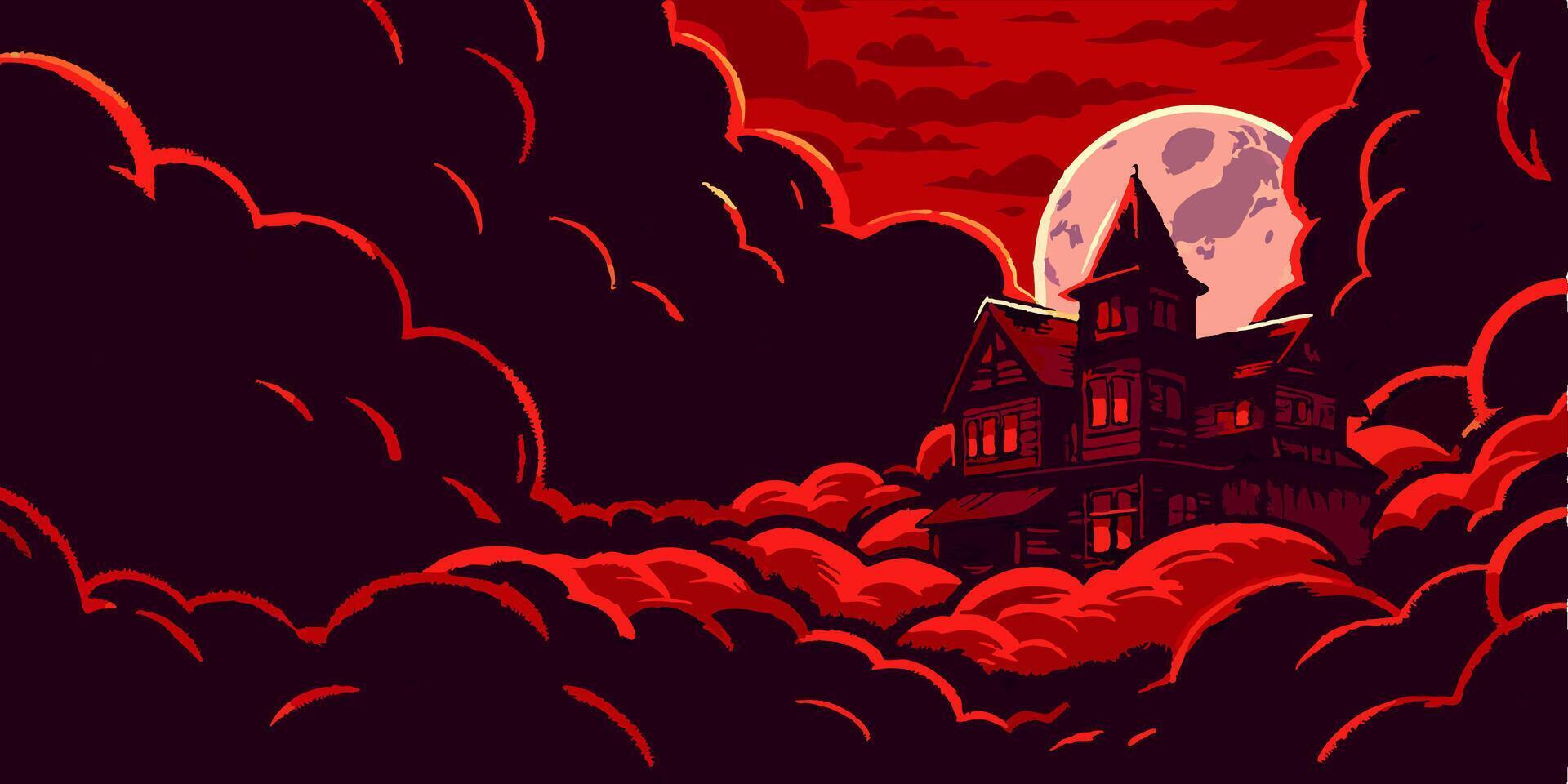 Haunted House in Red Clouds, Full Moon vector