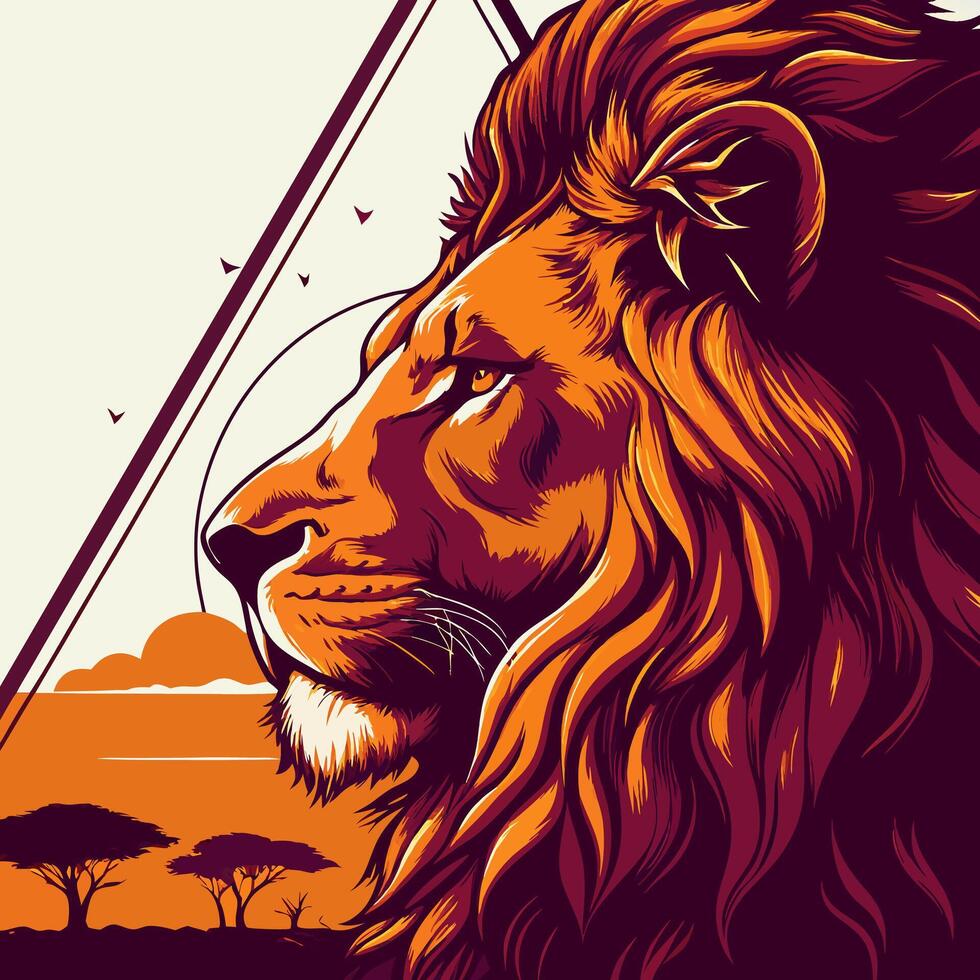Majestic Lion Profile, African Sunset vector