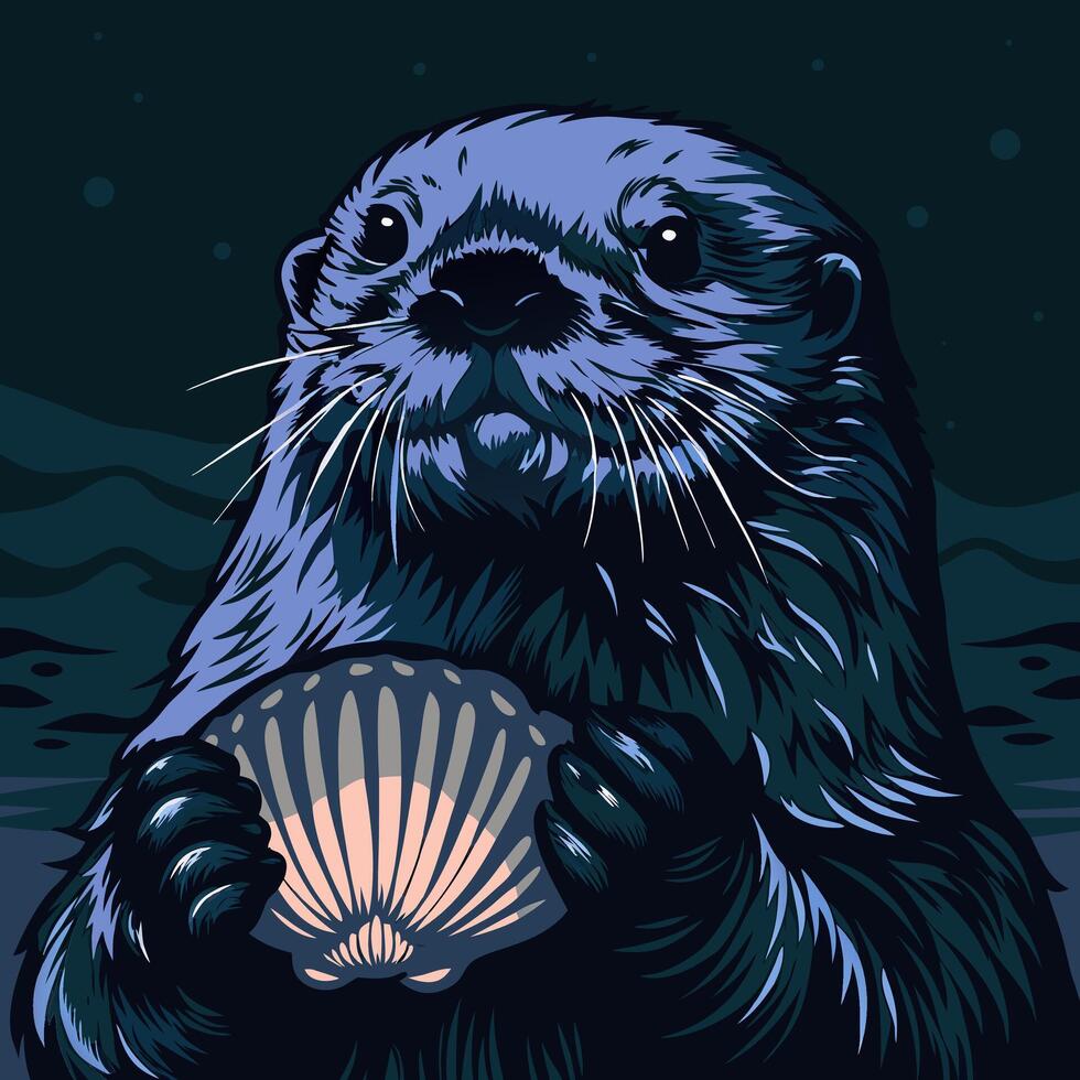 Otter Holding Seashell Underwater Art vector