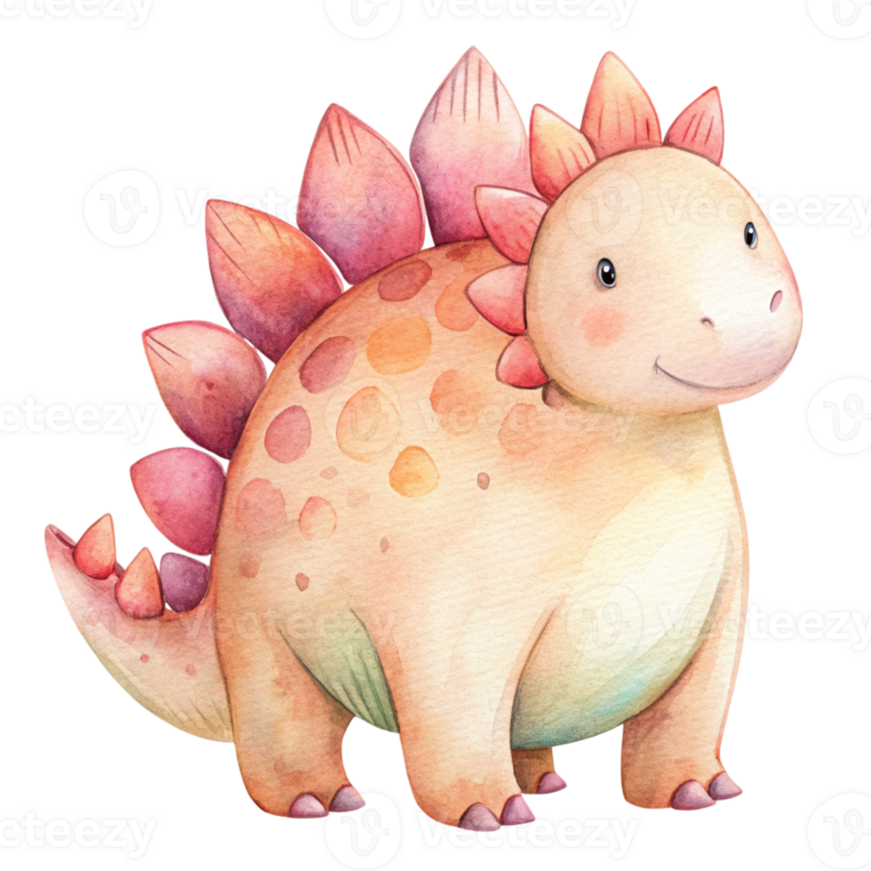 A watercolor illustration of a dinosaur with pink and orange spikes png