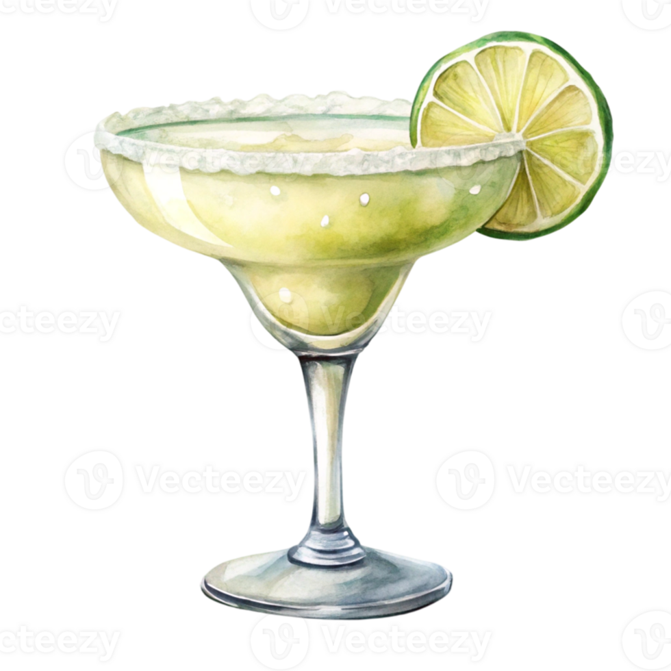 Watercolor margarita in a glass with lime slice png