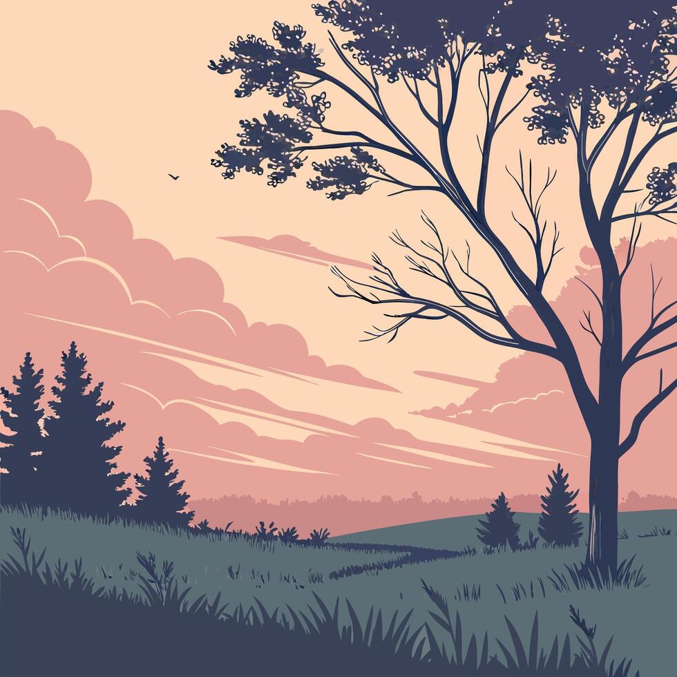 Sunset Landscape, Trees, Field, Pink Sky vector