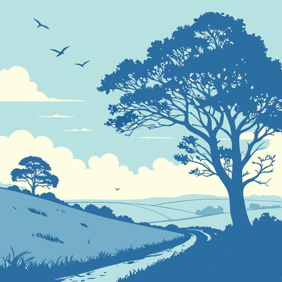 Serene Countryside Landscape, Rolling Hills vector
