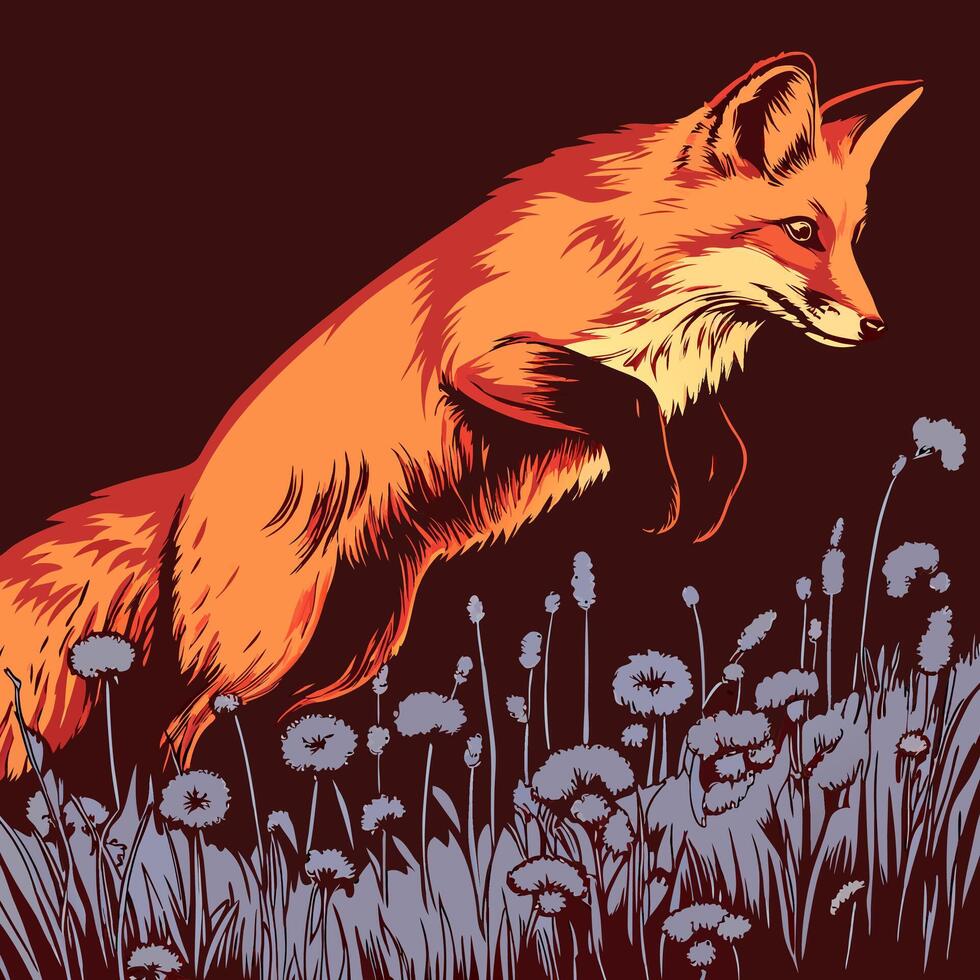 Red Fox Leaping Through Flowers vector