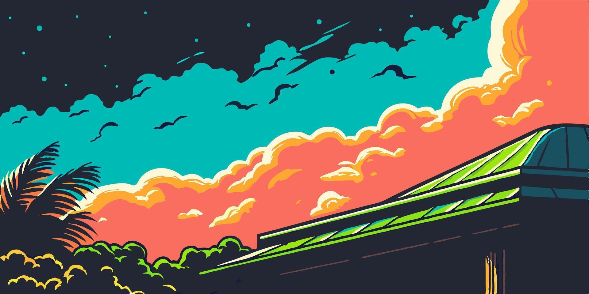 Sunset Sky over Building, Palm Trees vector
