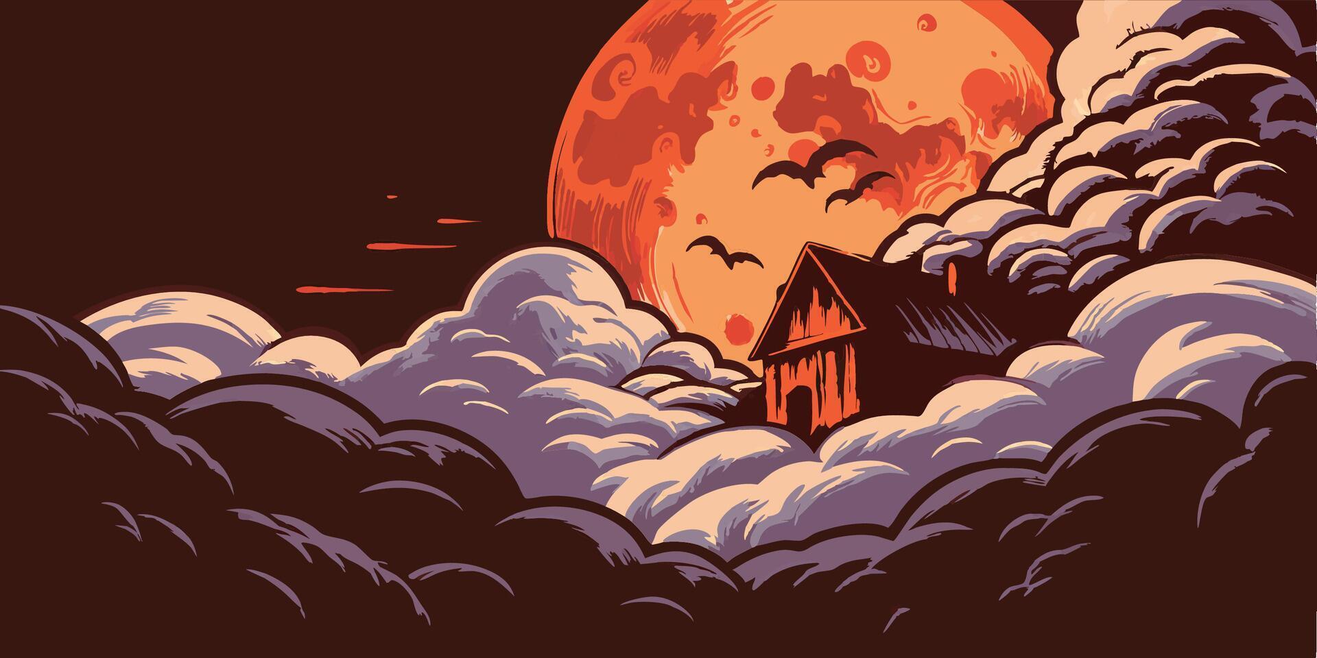 Spooky House in Clouds, Blood Moon vector
